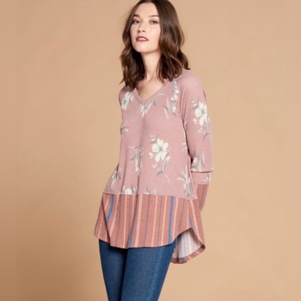 COPY - Mauve floral waffle knit blouse.
